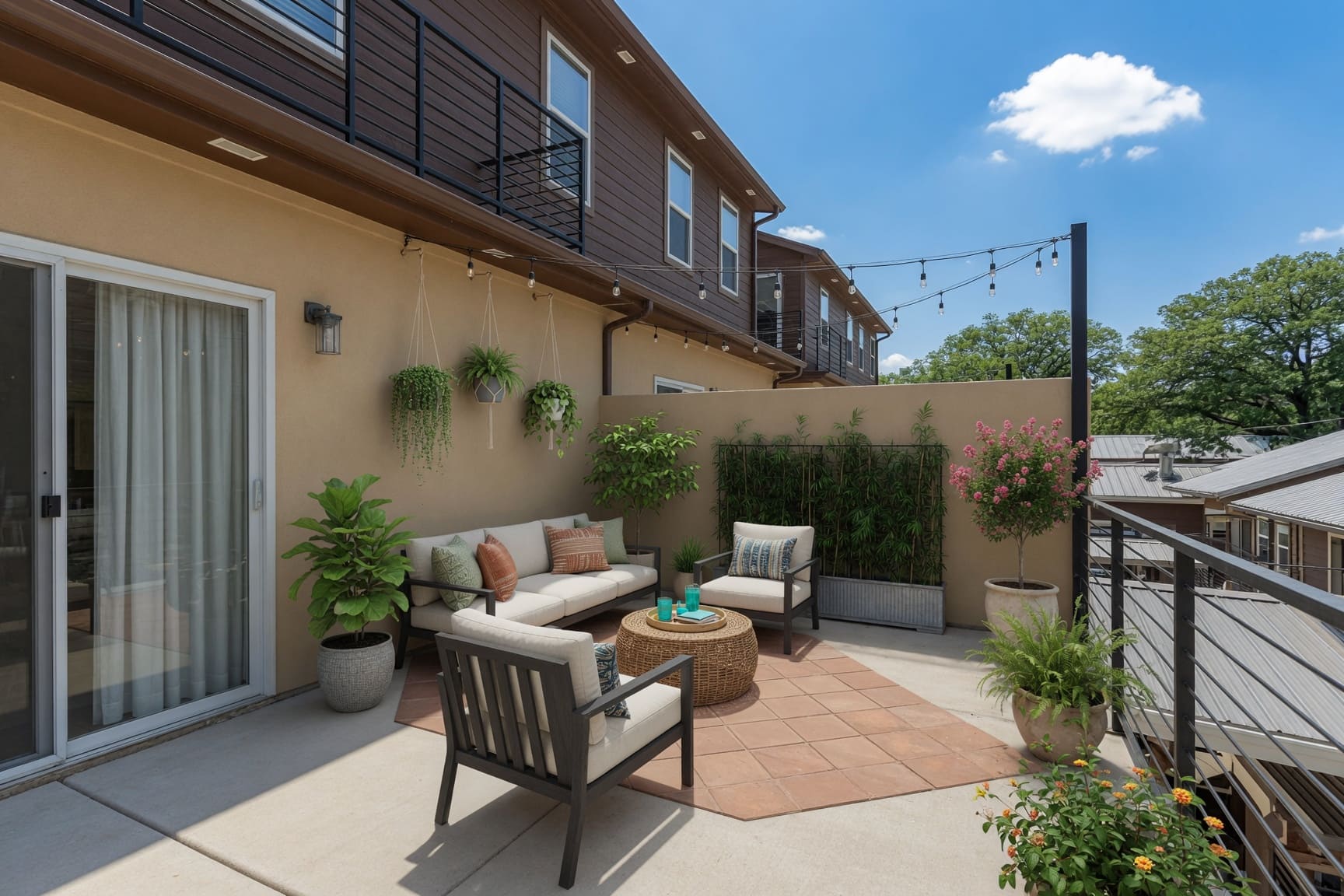 Courtyard patio with string lights and outdoor lounge furniture