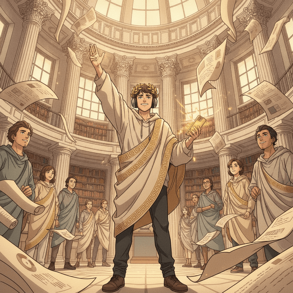 Heroic PMP certification candidate holding a glowing phone in a sunlit neoclassical library while process charts cascade around him