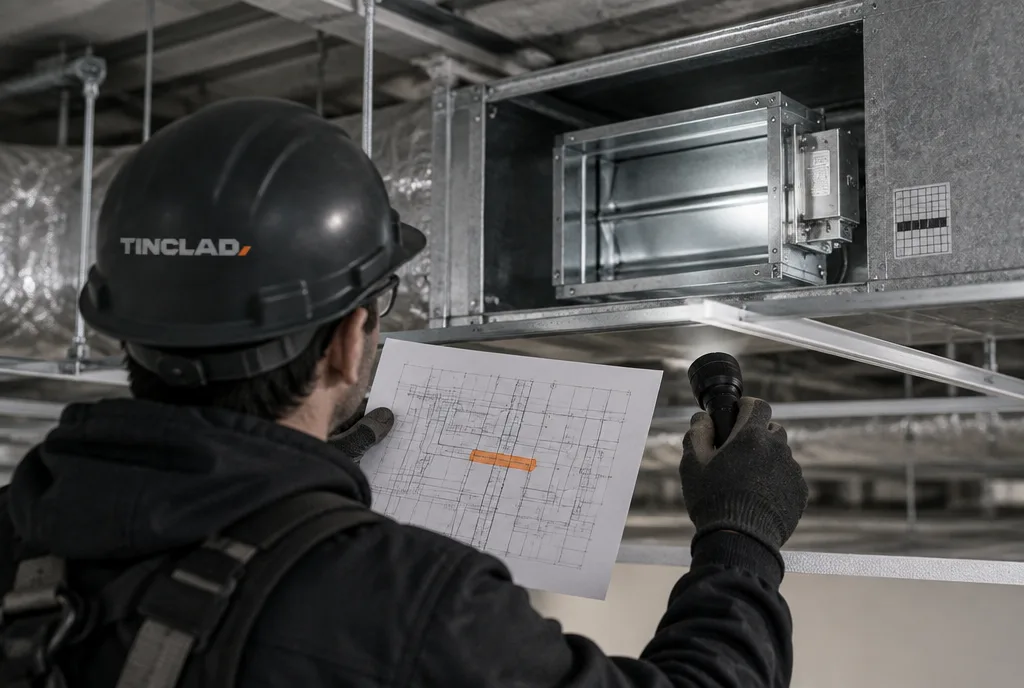 Technician finding a damper missing from the building drawings.
