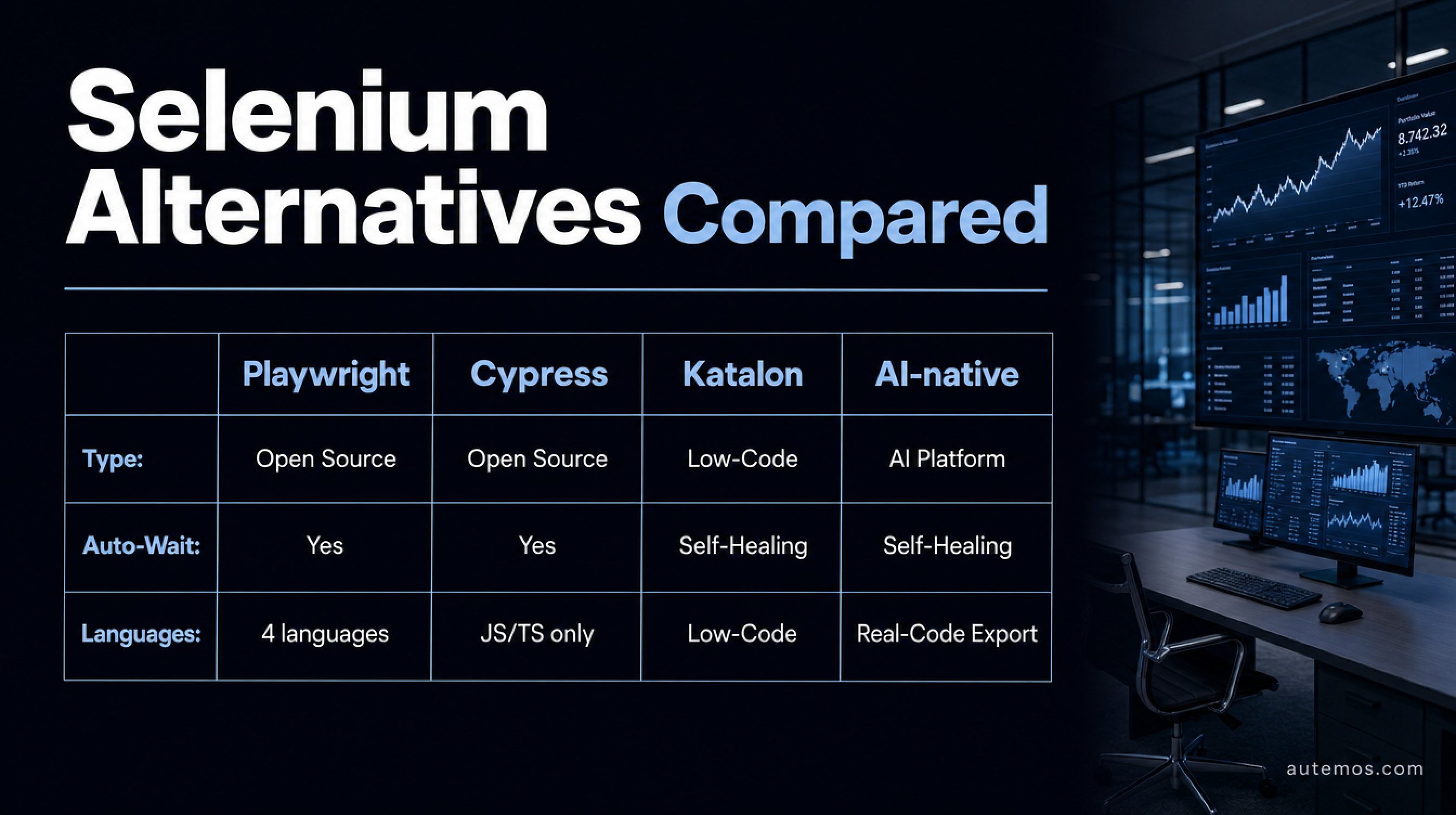 Comparison matrix of Selenium alternatives Playwright, Cypress, Katalon and AI-native by type, auto-wait and languages.