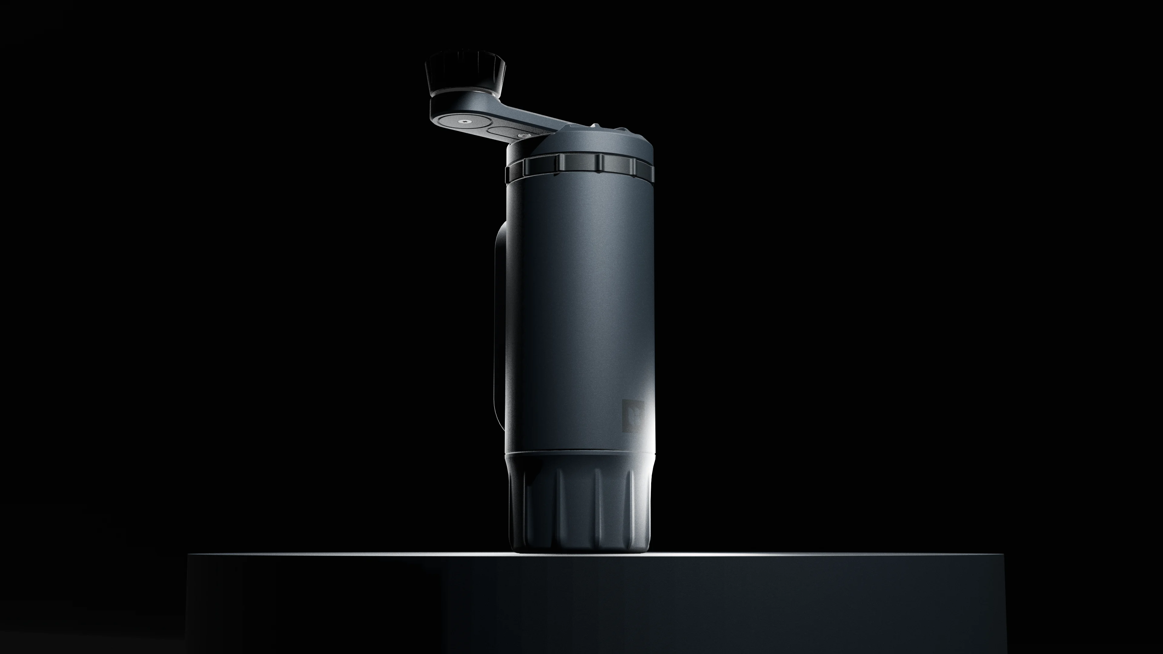 Product design visualisation of a contemporary coffee grinder with handle attached in grinding position.