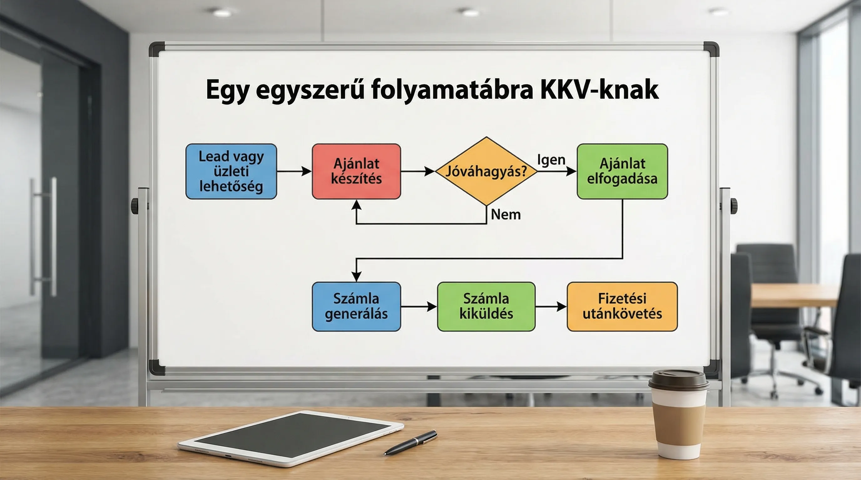 Egy egyszerű folyamatábra KKV-knak: lead vagy üzleti lehetőség, ajánlat készítés, jóváhagyás, ajánlat elfogadása, számla generálás, számla kiküldés és fizetési utánkövetés.