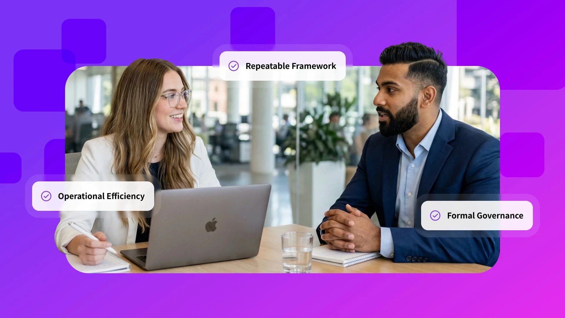 Two professional consultants in a meeting, with text overlays for "Operational Efficiency," "Repeatable Framework," and "Formal Governance." Illustrates the MSP opportunity to turn SaaS sprawl chaos into a structured, managed service for SMB clients.