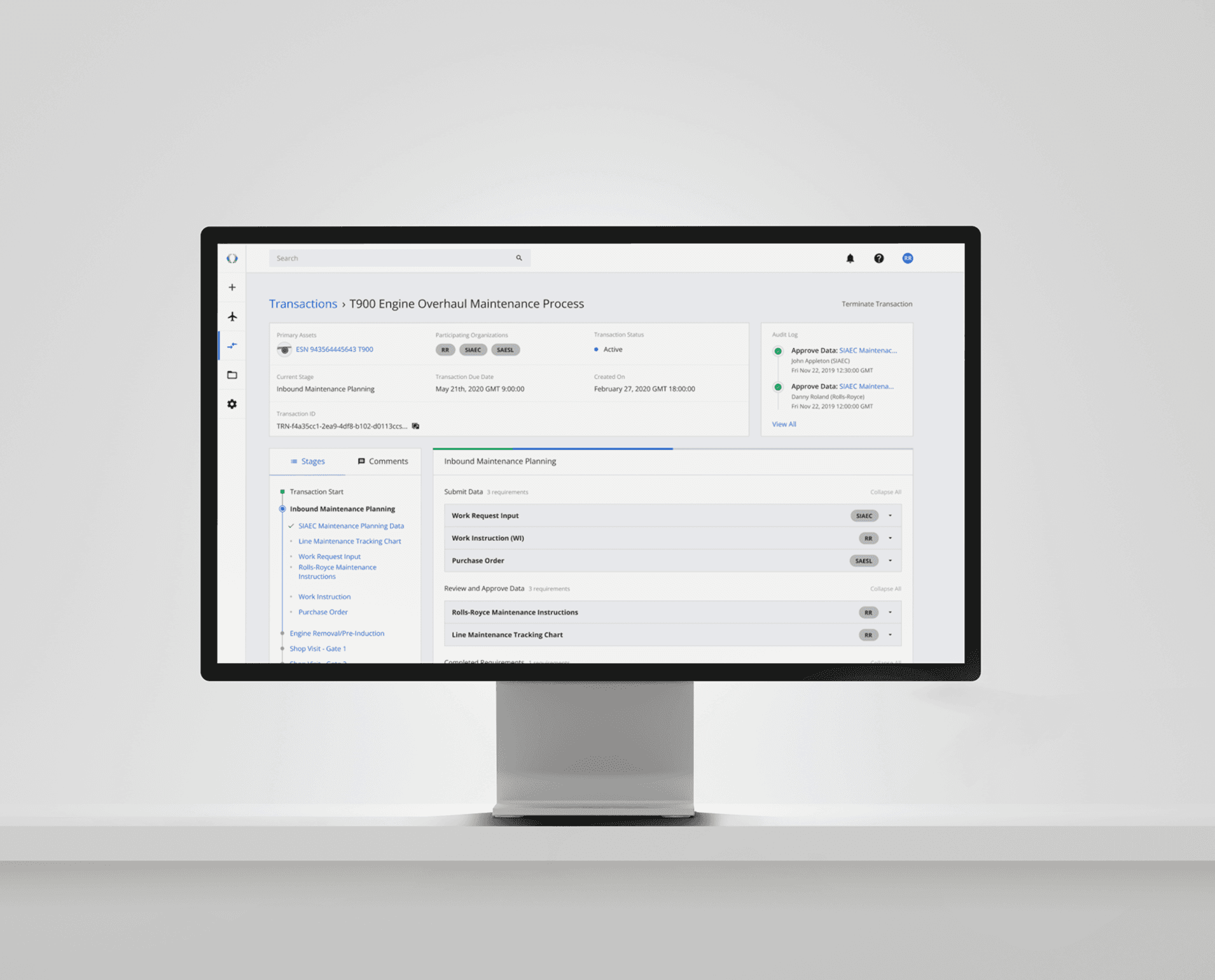 Block Aero platform interface showing a T900 Engine Overhaul Maintenance Process with transaction status, audit logs, and maintenance planning stages.