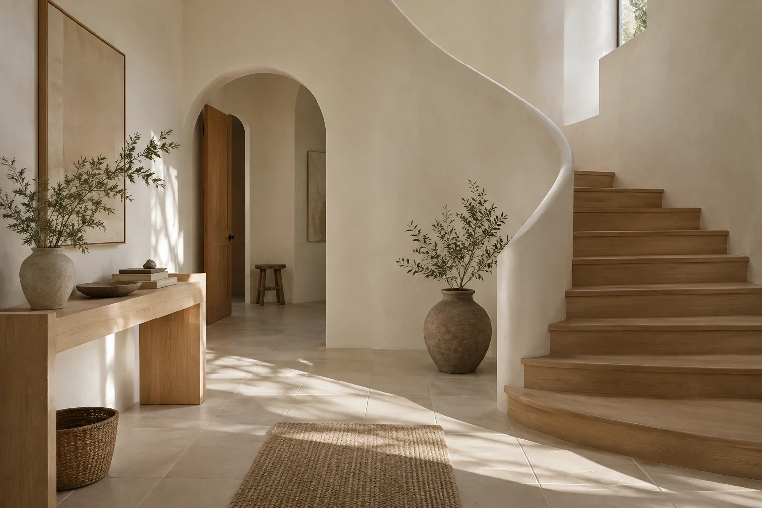 Imaginary warm white entryway with a curved plaster stair and oak treads, small pale oak console with handmade pottery