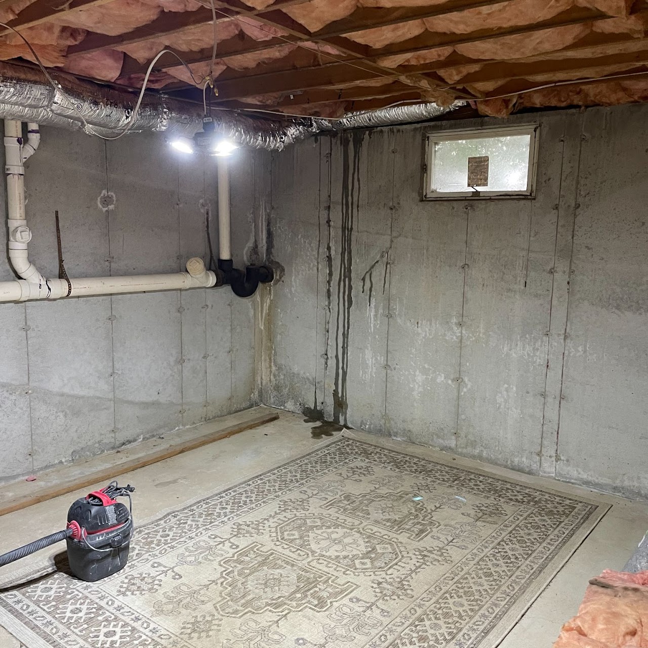 Unfinished basement with bare concrete walls before remodel