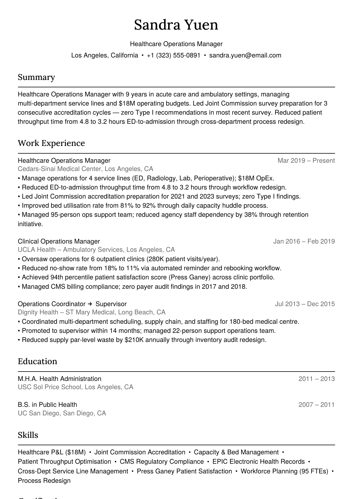 Healthcare operations manager resume example
