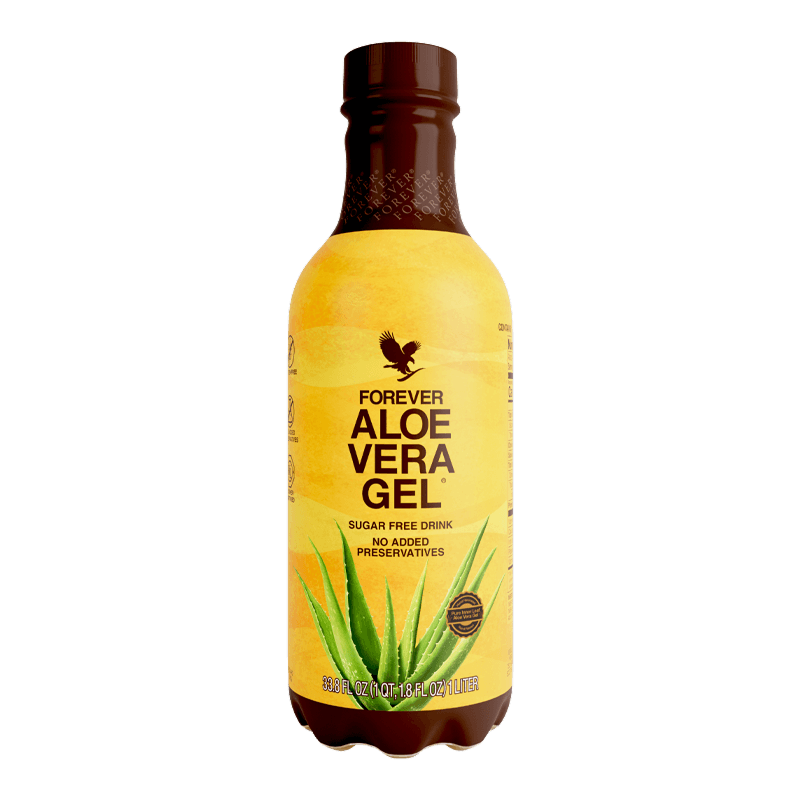 Garrafa amarela do Forever Aloe Vera Gel, bebida de suco de babosa puro para saúde digestiva e imunidade.