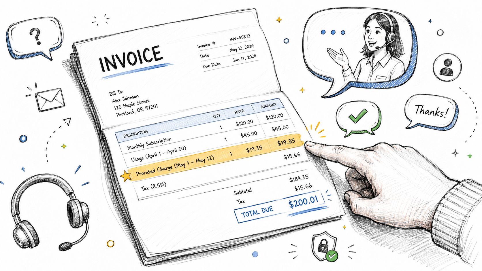 A hand pointing to a prorated charge on an invoice, illustrating billing concepts for customer service.