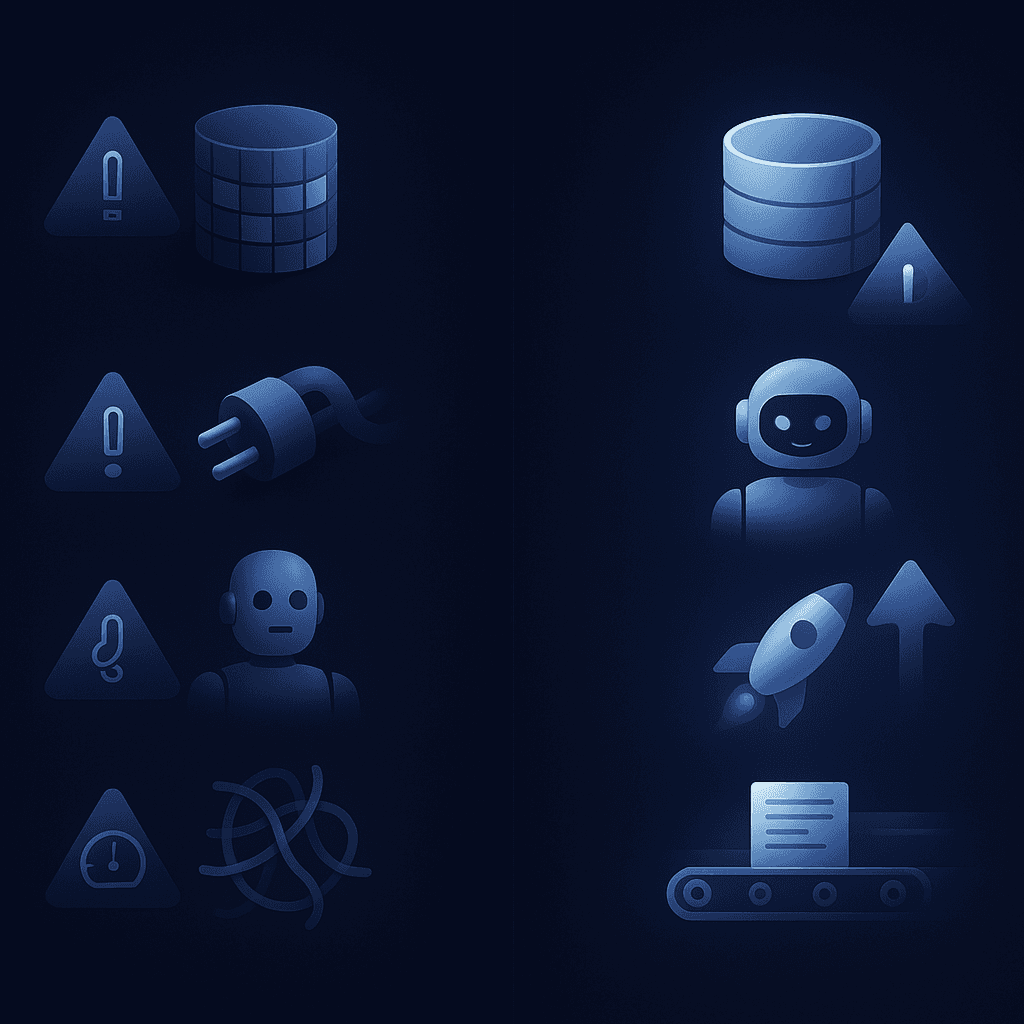 Dual-column graphic contrasting common GEO tool pitfalls with matching quick-win solutions