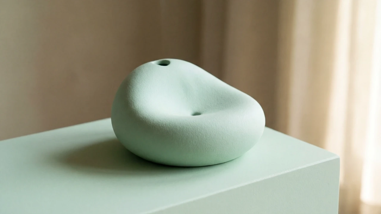 A smooth, light green pebble-shaped object with a central indentation resting on a matching green block.