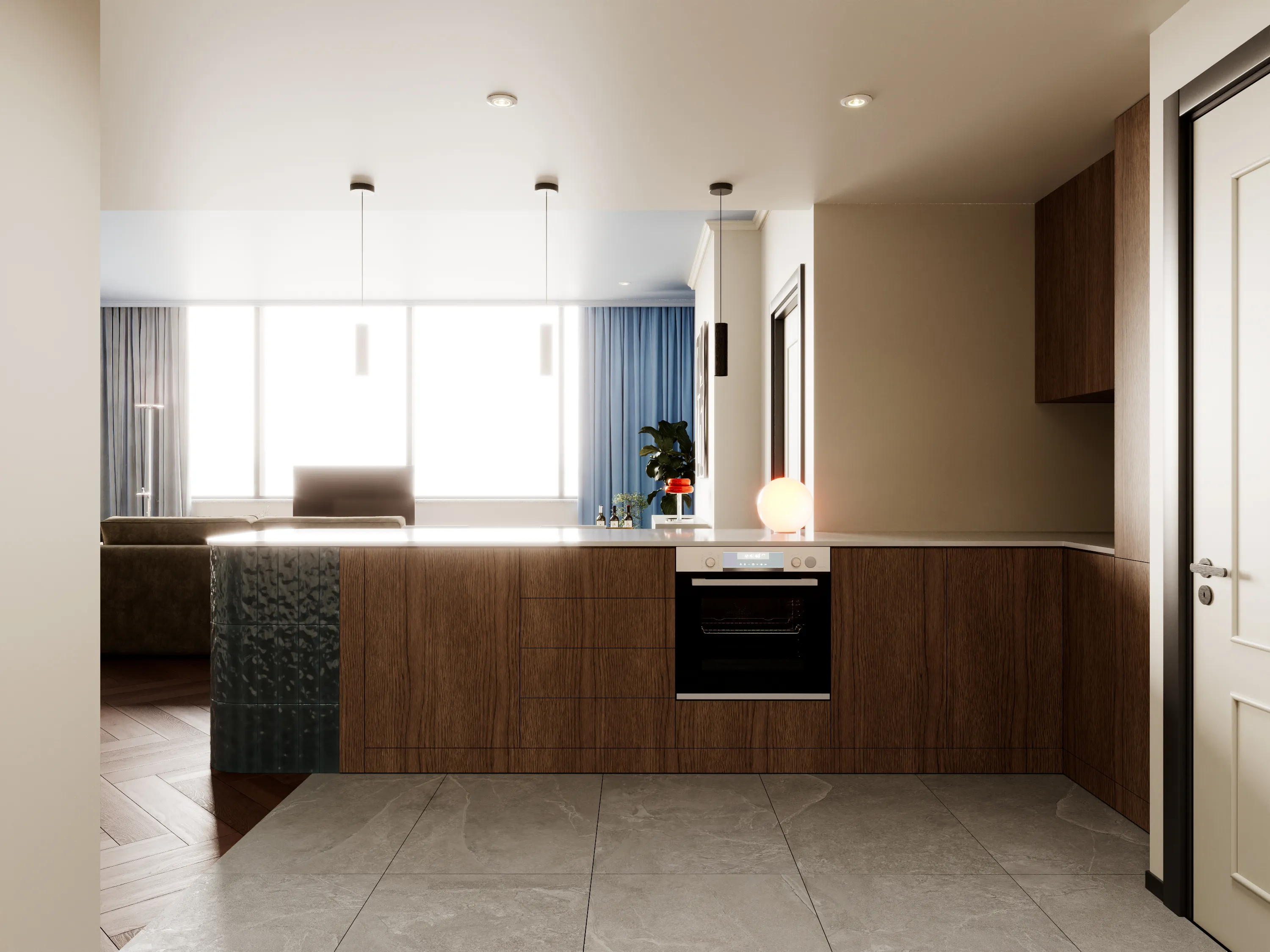 Minimalistic view towards window from a kitchen.