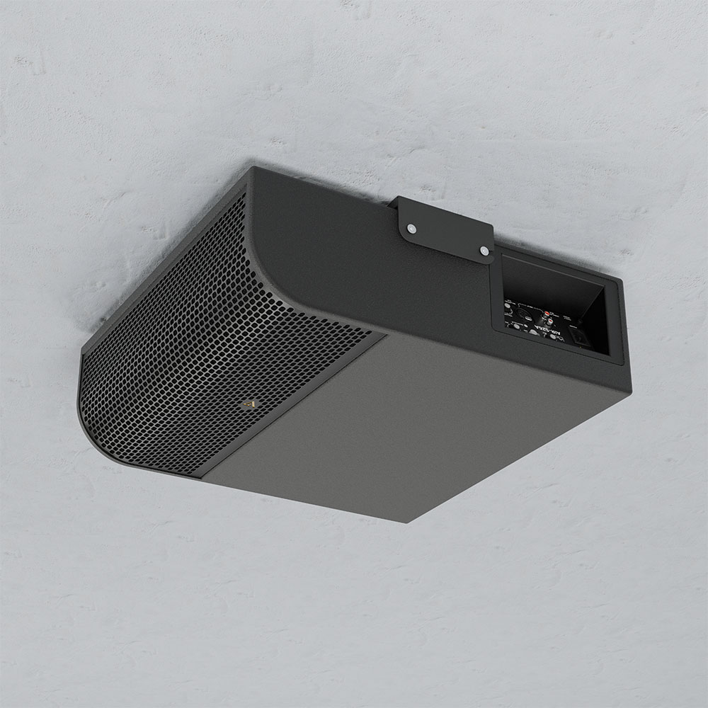 Black and gray ceiling-mounted audiovisual device