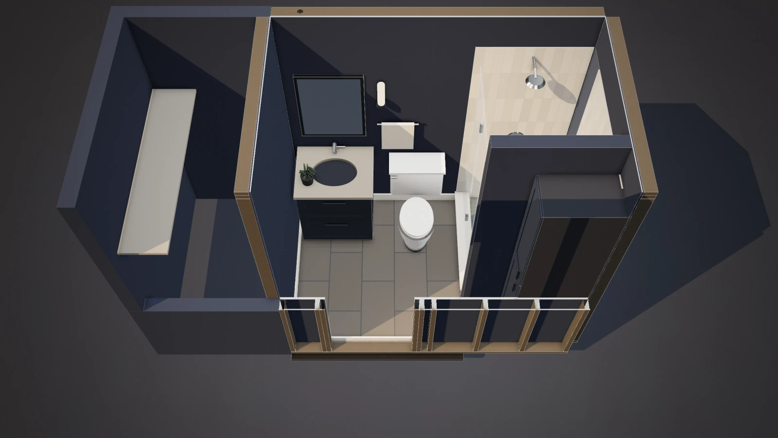 Example bathroom seen from above, ceiling off: new tile and fixtures in their old places, all four walls where they were