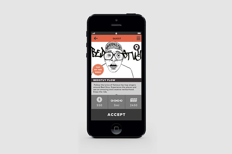 A black iPhone displays a music streaming app interface. The screen shows a song titled "Bedstuy Flow" by Bedstuy, ranked 550th out of 3 million. The app interface includes a red banner at the top, a graphic of a man wearing glasses and headphones, and a "Top of the Week" badge. The song duration is 3 minutes and 2 minutes and 450 seconds. The app accepts both Apple and Android devices.