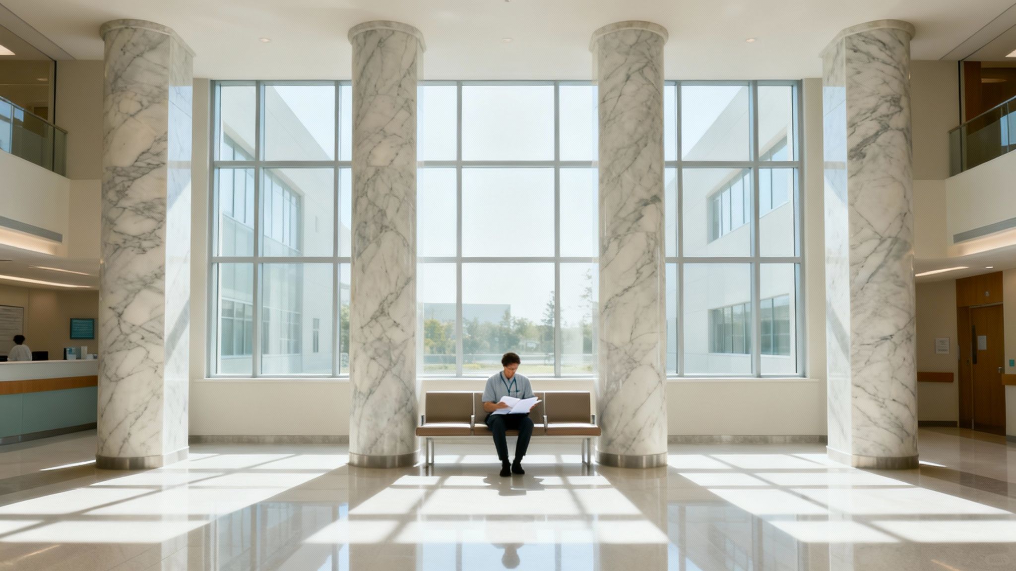 A person reads documents on a bench in a bright, modern hospital waiting area with large windows and marble columns.