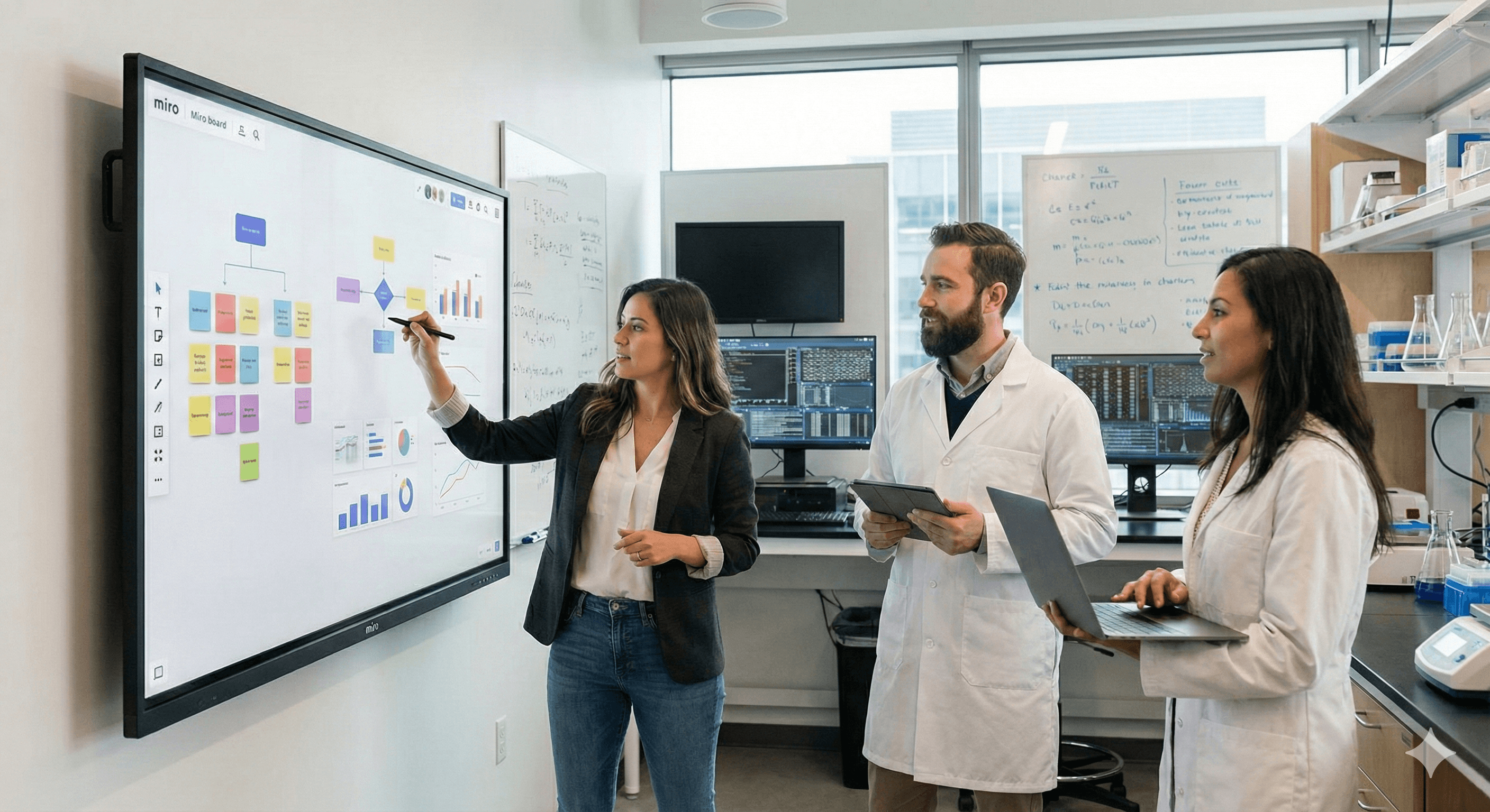 Three professionals in a modern research laboratory collaborate in front of a large interactive display screen showing a digital flowchart, illustrating concepts related to automating research workflows.