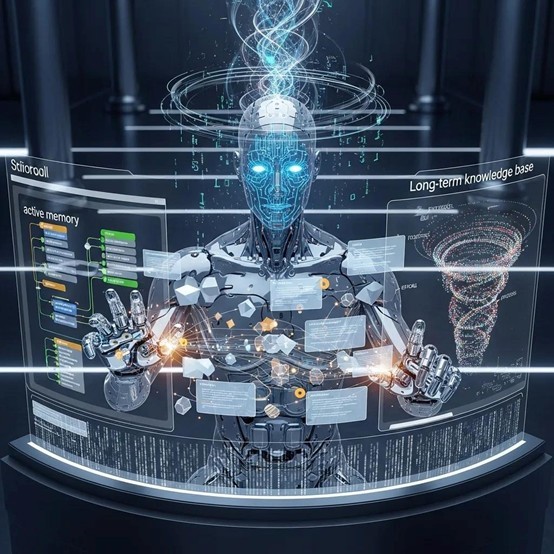 AI agent interacting with digital memory management interface, showcasing advanced technology