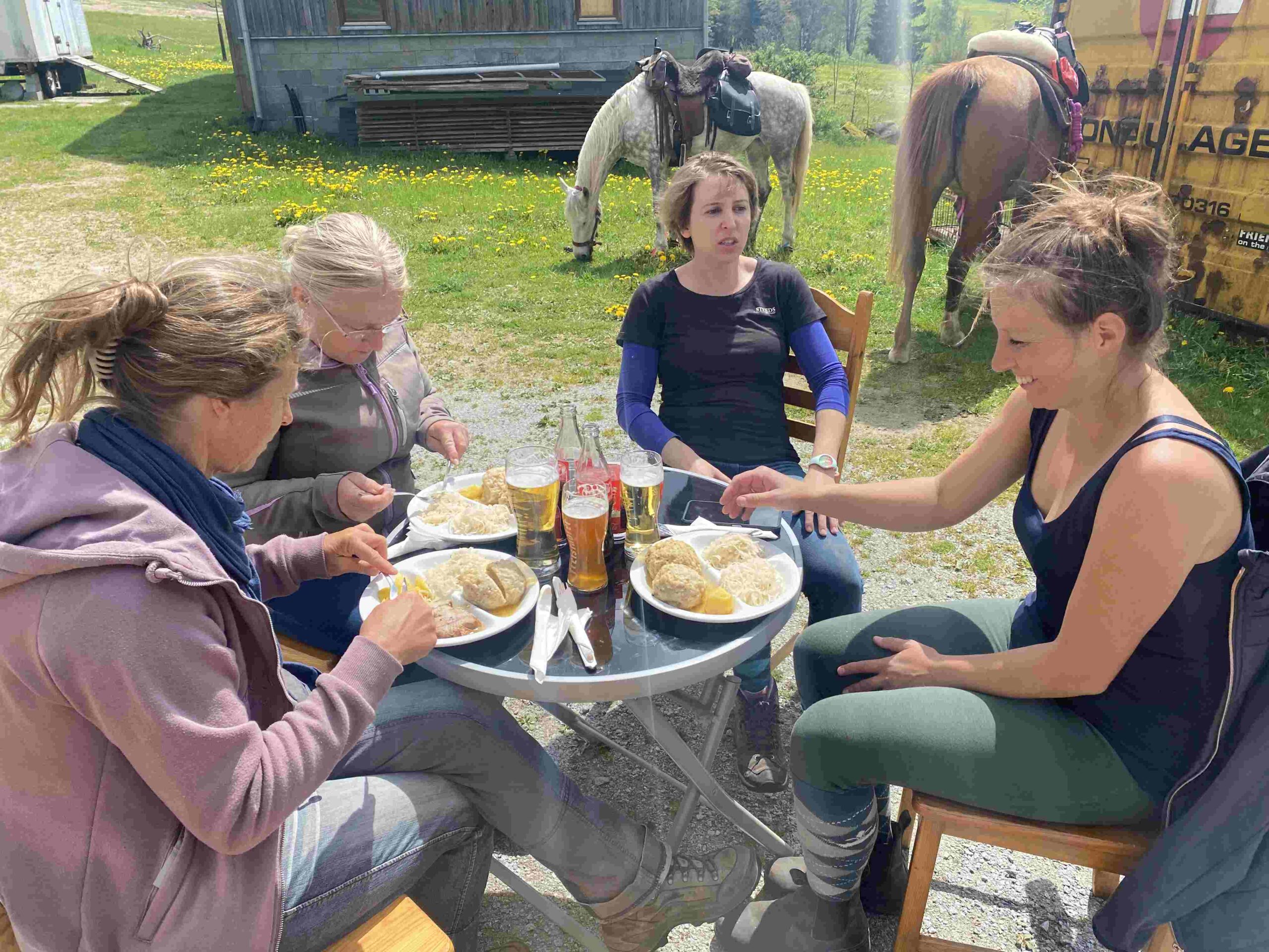 Pferde in Wanderreitausrüstung grasen auf einer Wiese neben ihren Reitern im Hochland. Im Hintergrund ein weiter Ausblick und Windmühlen.