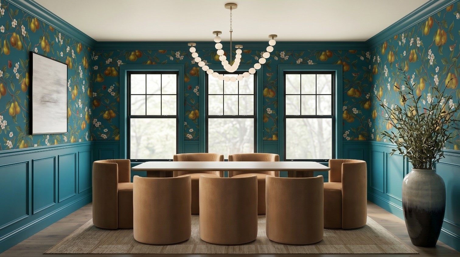 Second AI render of the dining room with the table repositioned, still sharp but the corner vase placement wrong