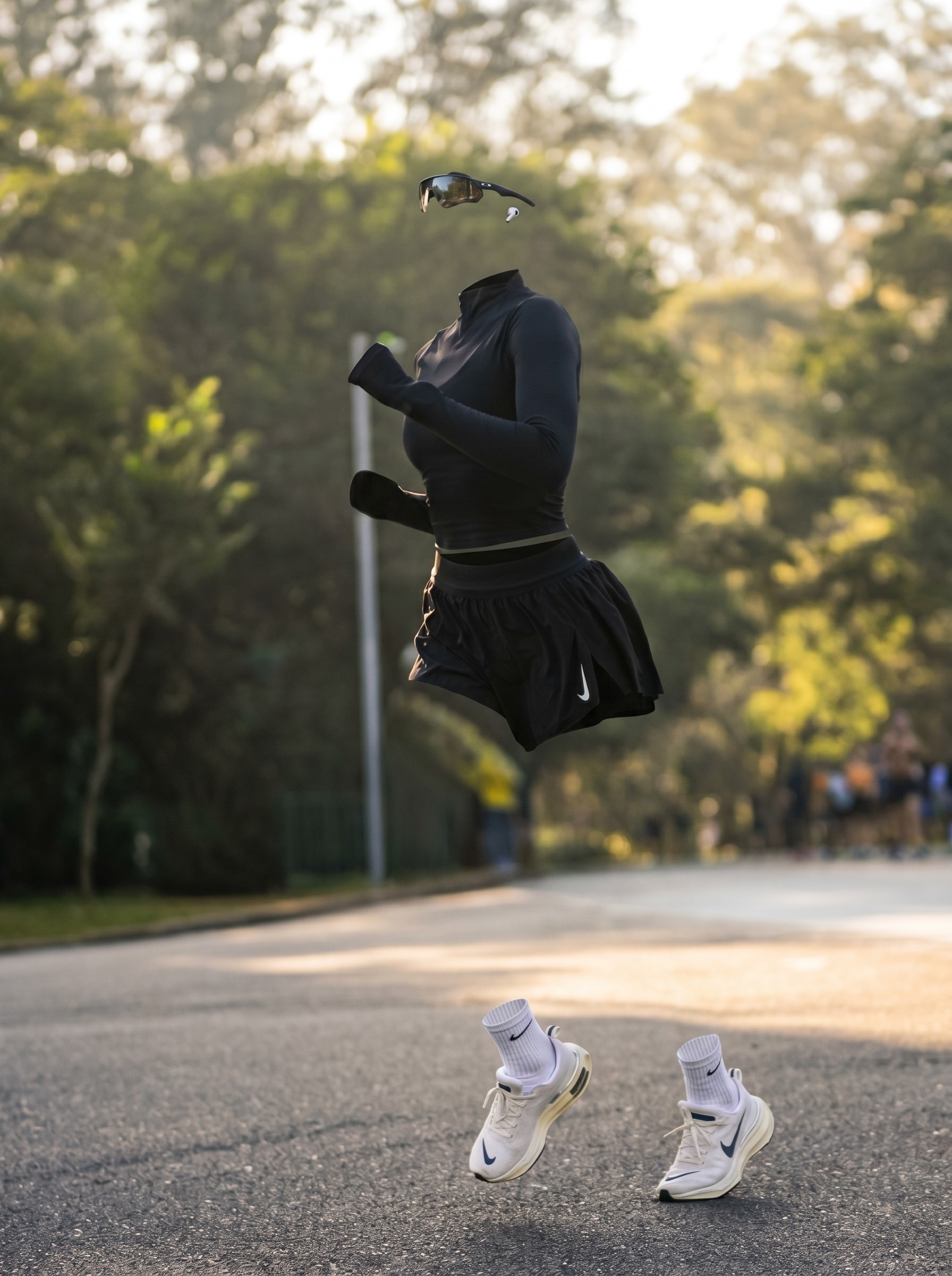 Invisible runner concept showcasing premium athletic apparel, running shoes, and sports accessories on a park pathway.