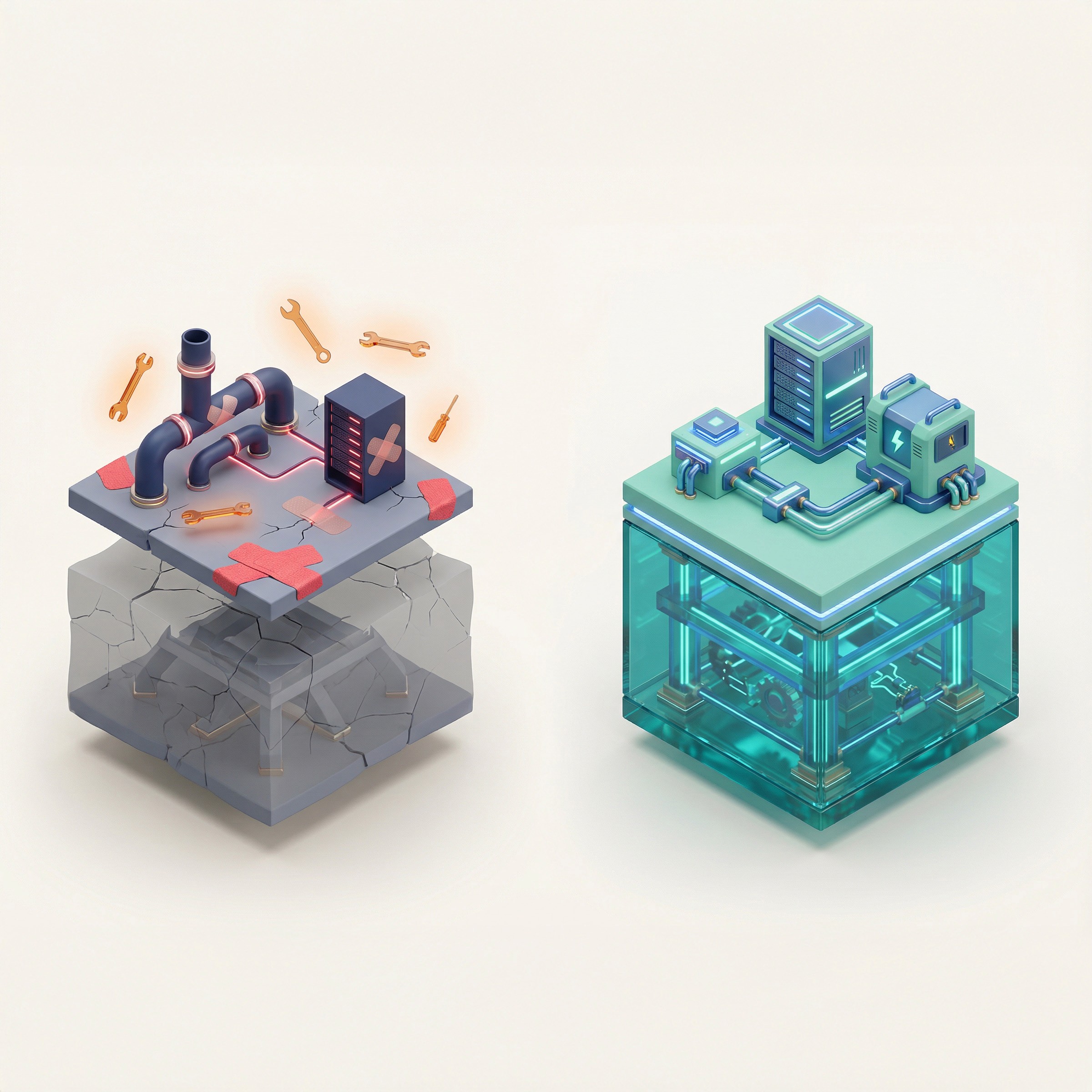 Broken patched system compared to properly architected infrastructure foundation