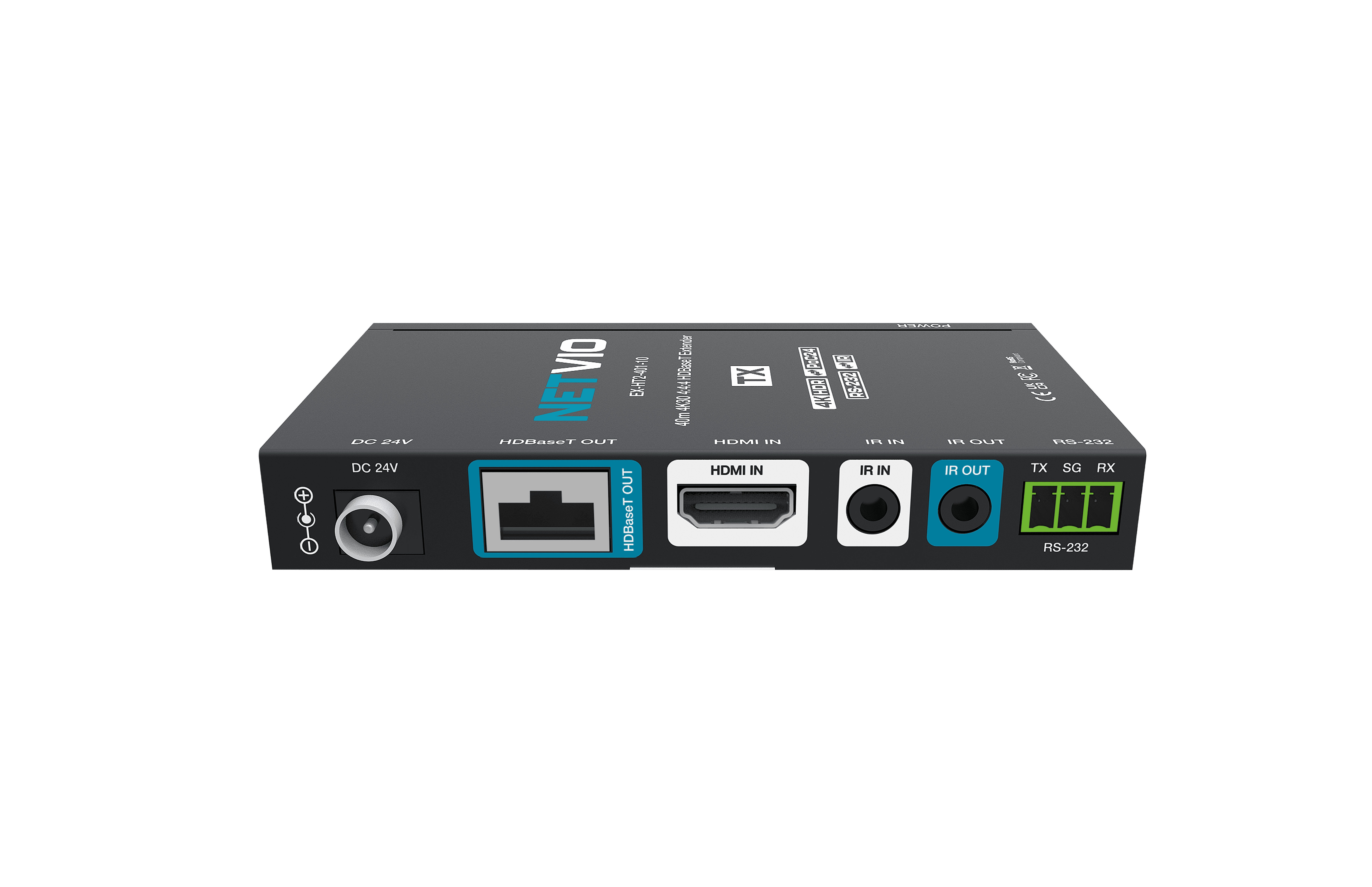 Netvio HDBaseT TX extender with HDMI, IR, and RS-232 ports