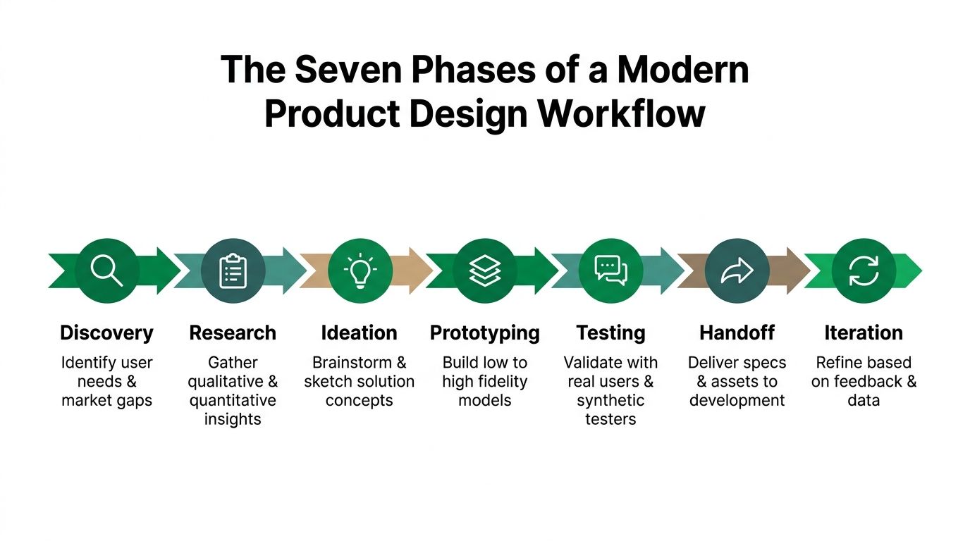 A diagram illustrating the seven phases of a modern product design workflow from discovery to iteration.