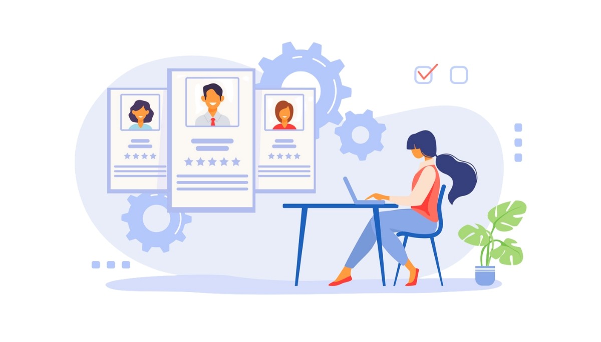 Illustration of a recruiter reviewing candidate profiles with star ratings and checklist icons.