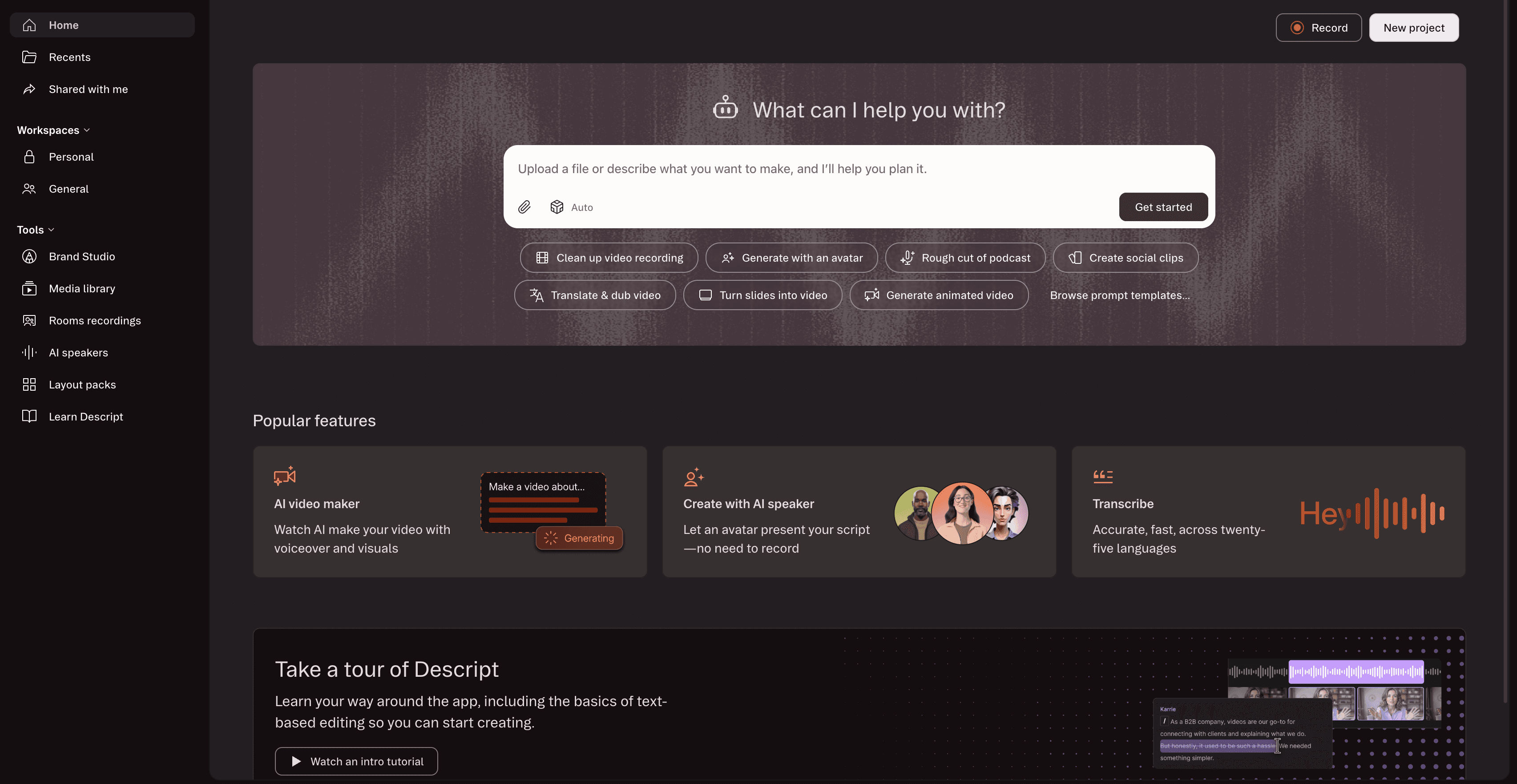 Descript dashboard