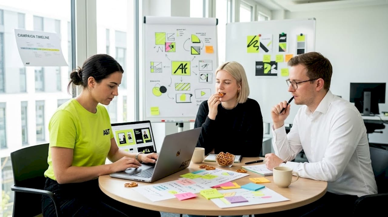 Creative team reviews ad mockups together