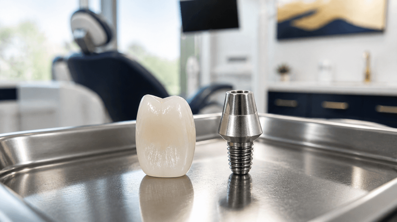Porcelain veneer next to a titanium implant abutment on a clinical tray at a Smyrna dental practice