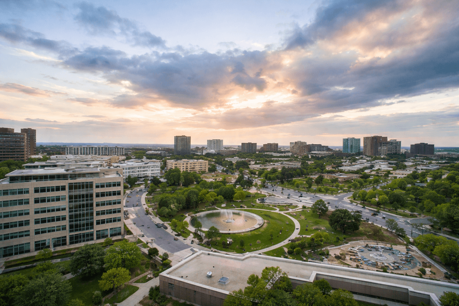 Modern office buildings and landscaped grounds in the Denver Tech Center, Colorado — served by Bergan & Co property management