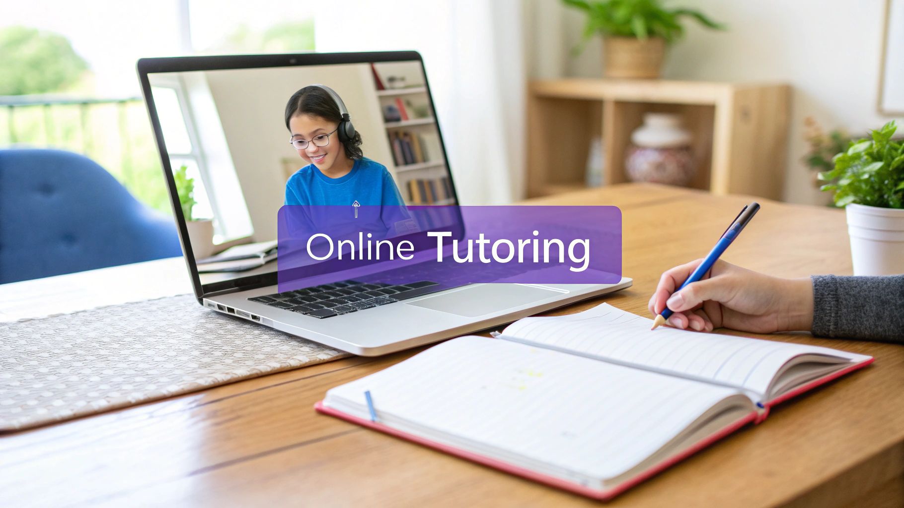 A student takes notes during an online tutoring session, with a tutor visible on the laptop screen.