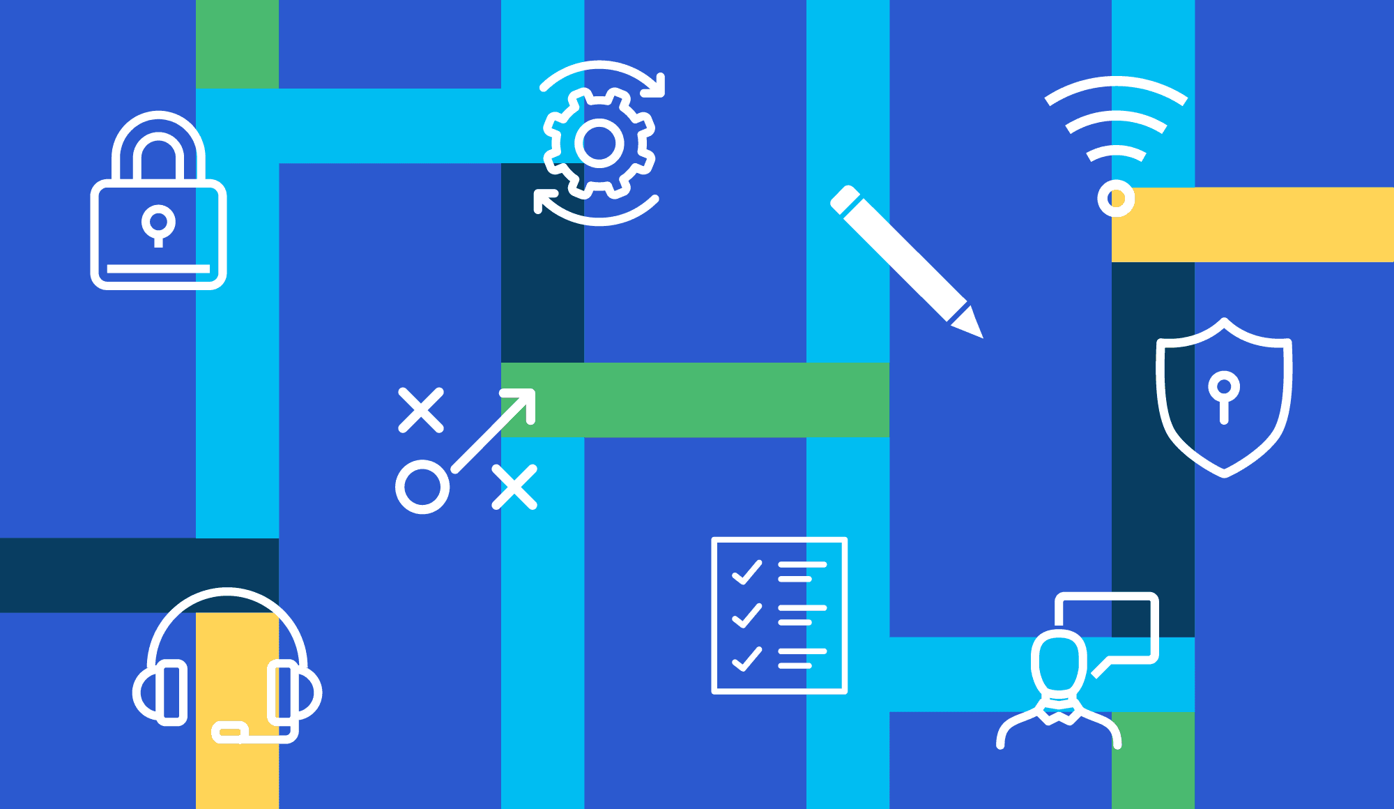 Illustration of icons with a lock, sheild, headset, pen, and checklist.