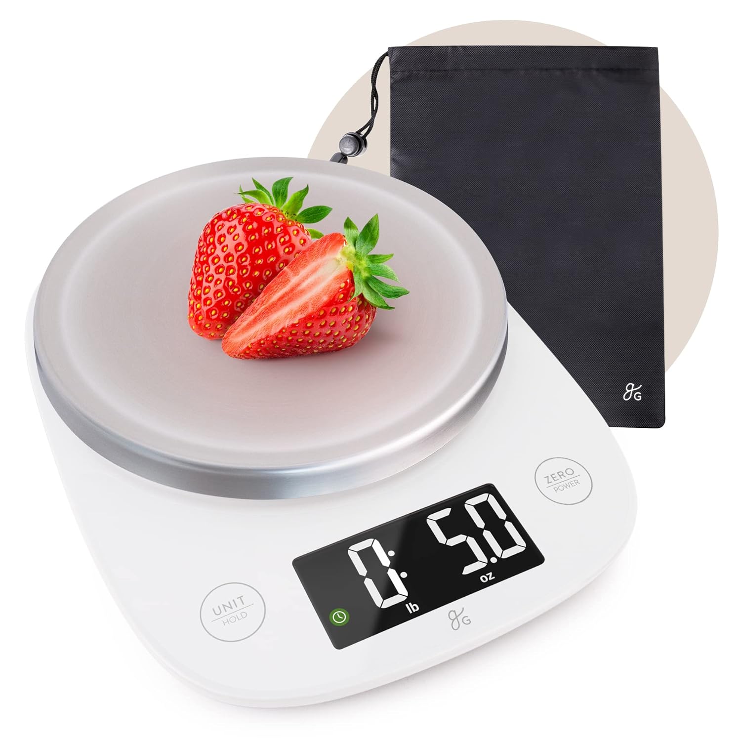 Greater Goods digital kitchen scale with tempered glass surface and backlit display