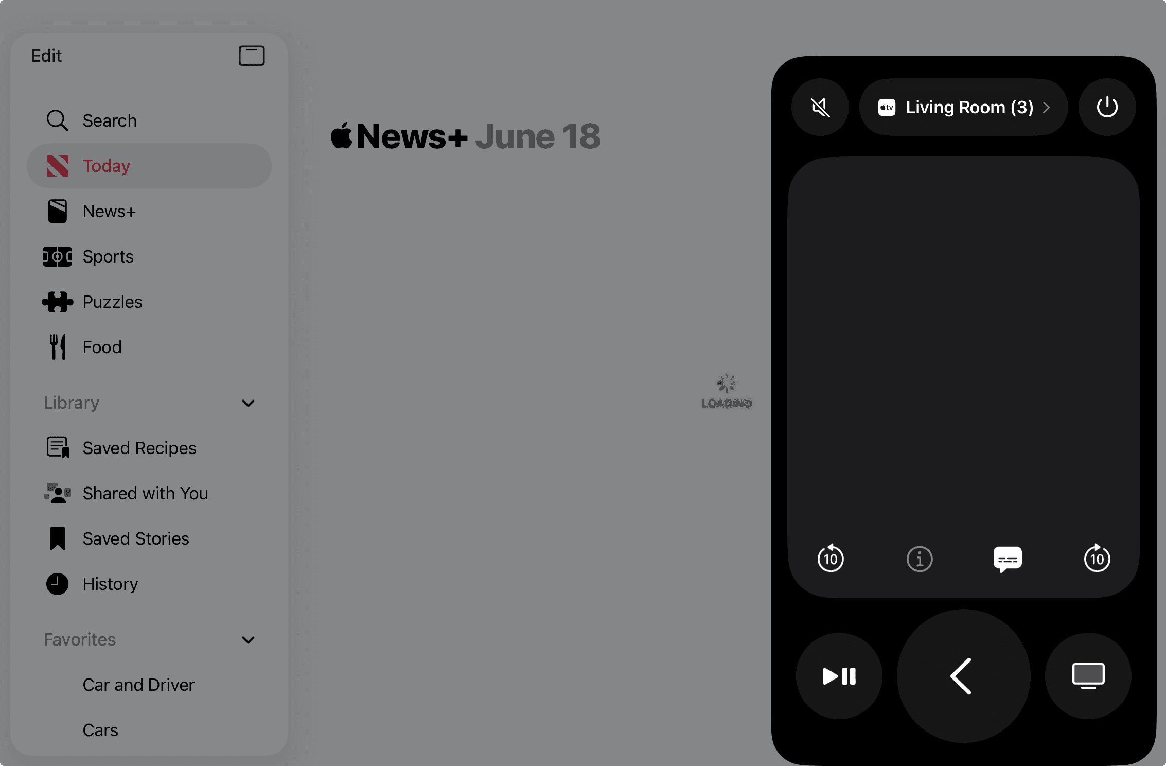 The image shows an iPad mini screen with two apps open, displaying a sidebar featuring news categories on the left and a dark-mode interface for a living room Remote app on the right, emphasizing the use of multitasking features.
