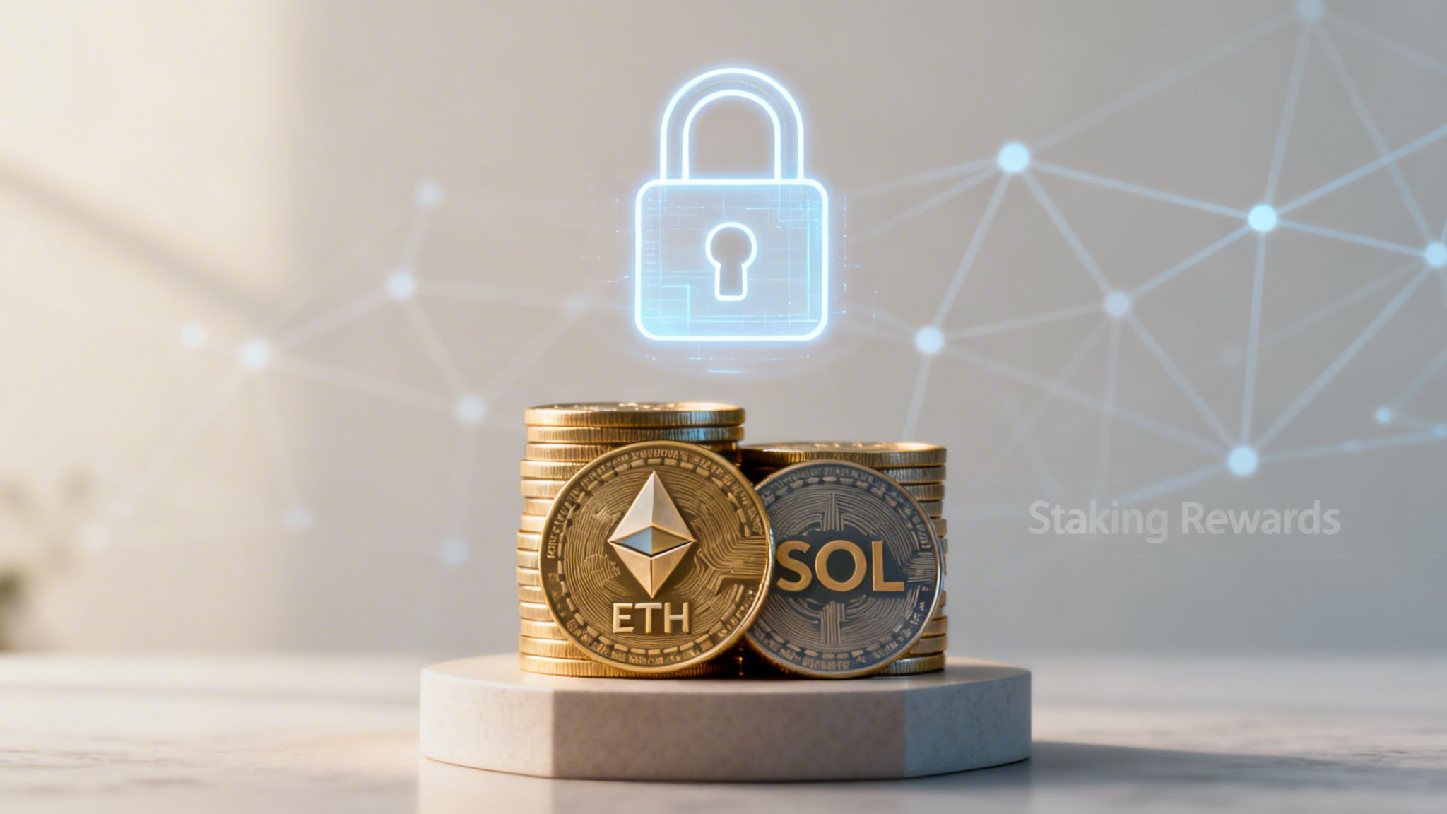 Crypto coins Ethereum and Solana stacked on a pedestal, with a digital padlock and 'Staking Rewards' text, symbolizing secure crypto earnings.