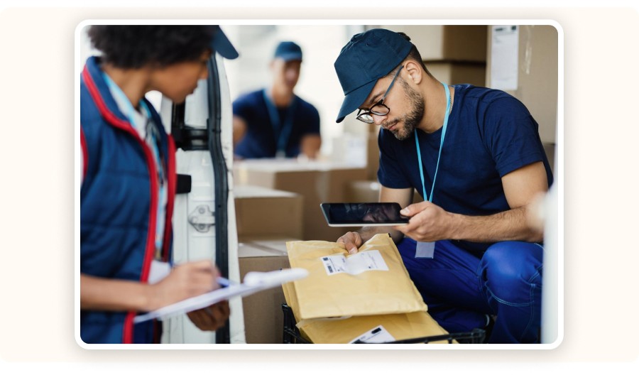 Livreur scanne un colis, collègue note, cartons empilés, entrepôt derrière.&nbsp;