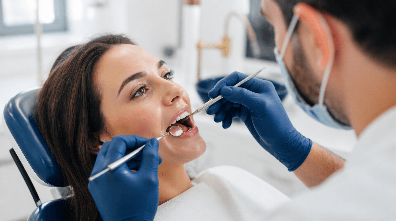 Dentist examining a patient's tooth with a dental mirror at a Smyrna emergency dental visit