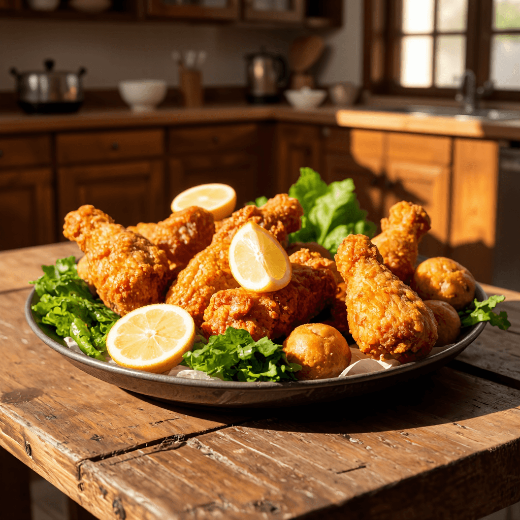 product photography of plate of fried chicken with sides