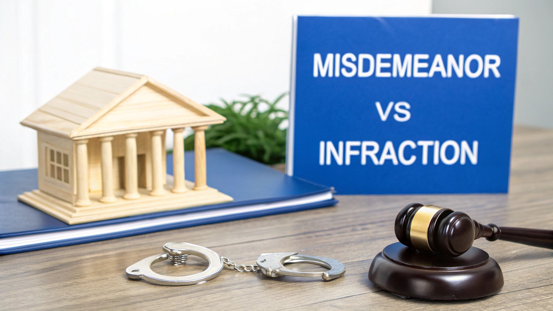 Legal scene with a courthouse model, handcuffs, a gavel, and a sign about misdemeanor vs infraction.