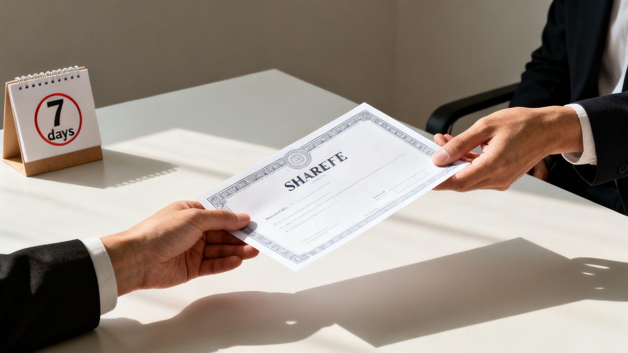 Two professionals in suits exchanging a share certificate on a desk with a '7 days' calendar.