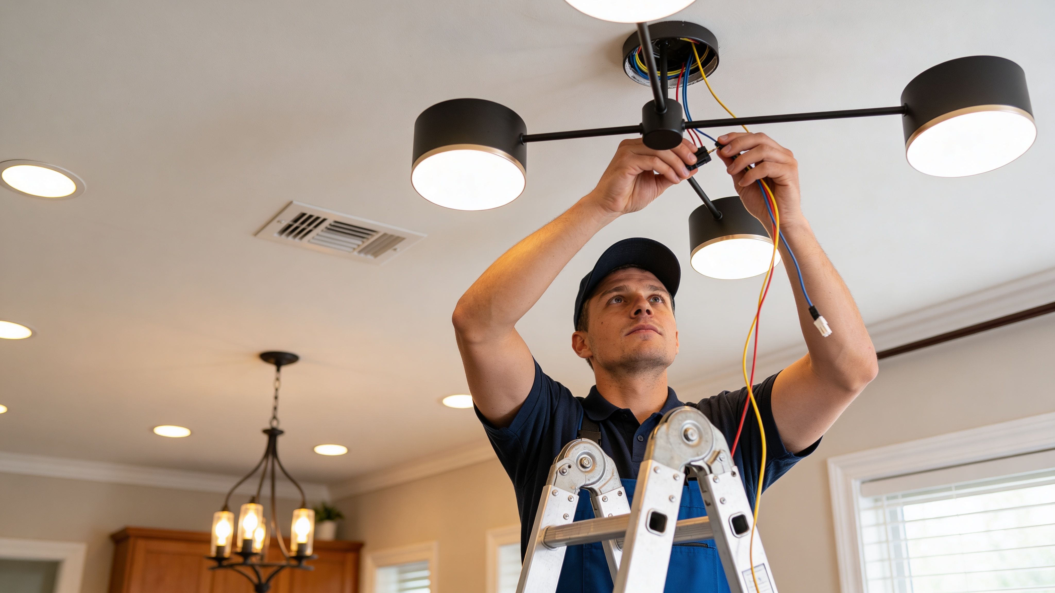 Electrician on ladder wiring modern multi-arm ceiling light fixture during home installation