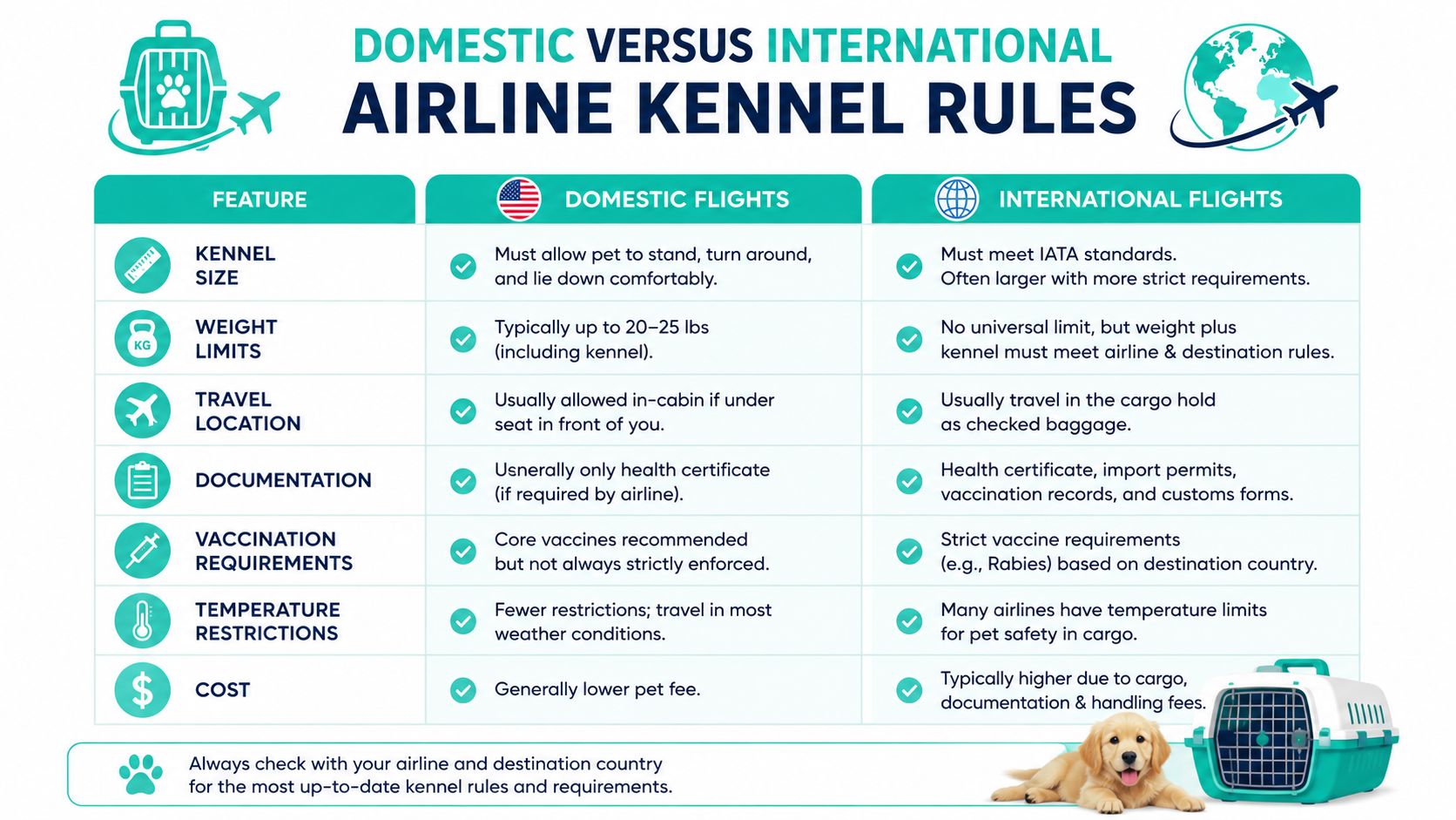 A comparison chart outlining the key differences between domestic and international airline pet travel requirements and rules.