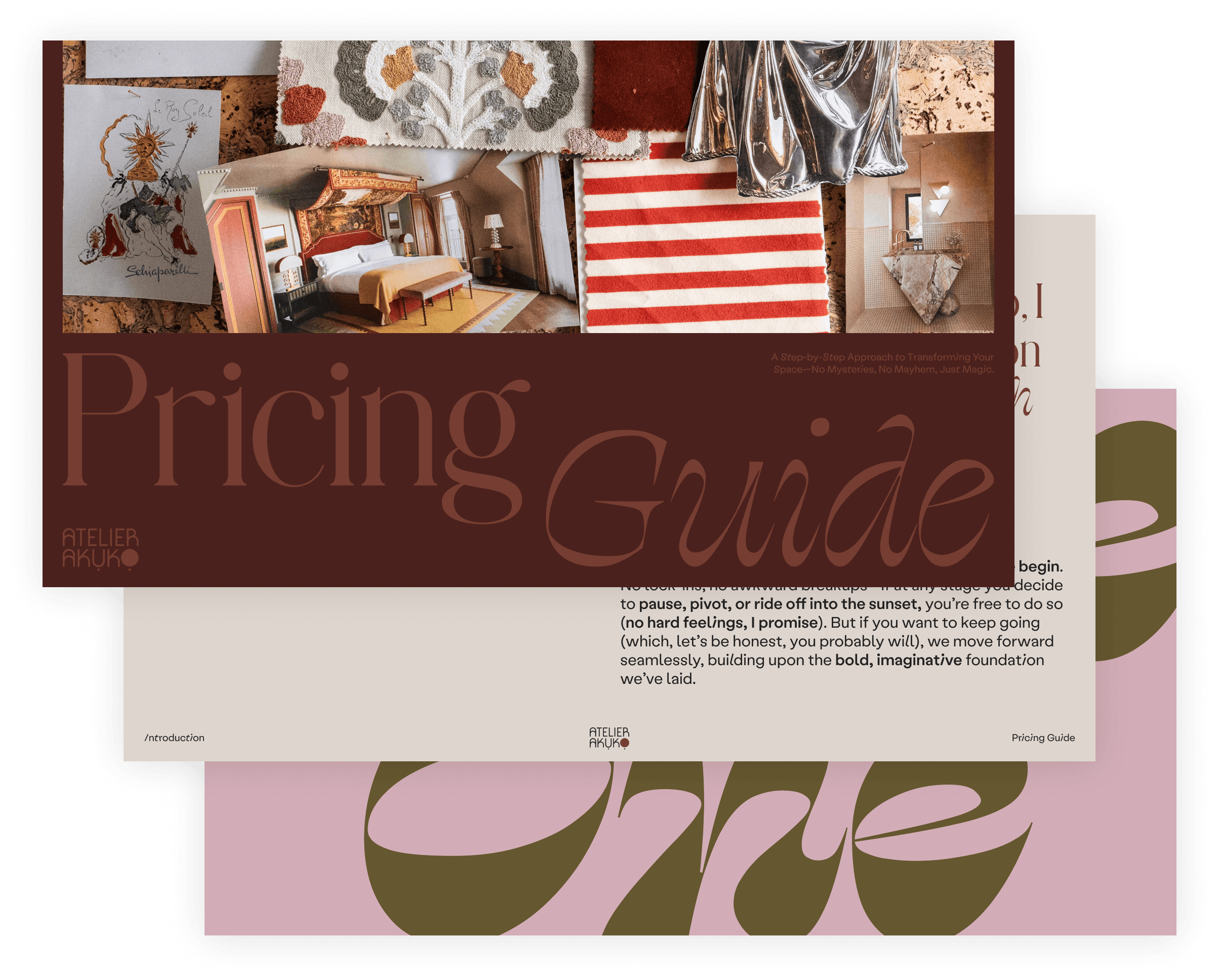 Pricing Guide brochure with interior design elements and sample photos. 