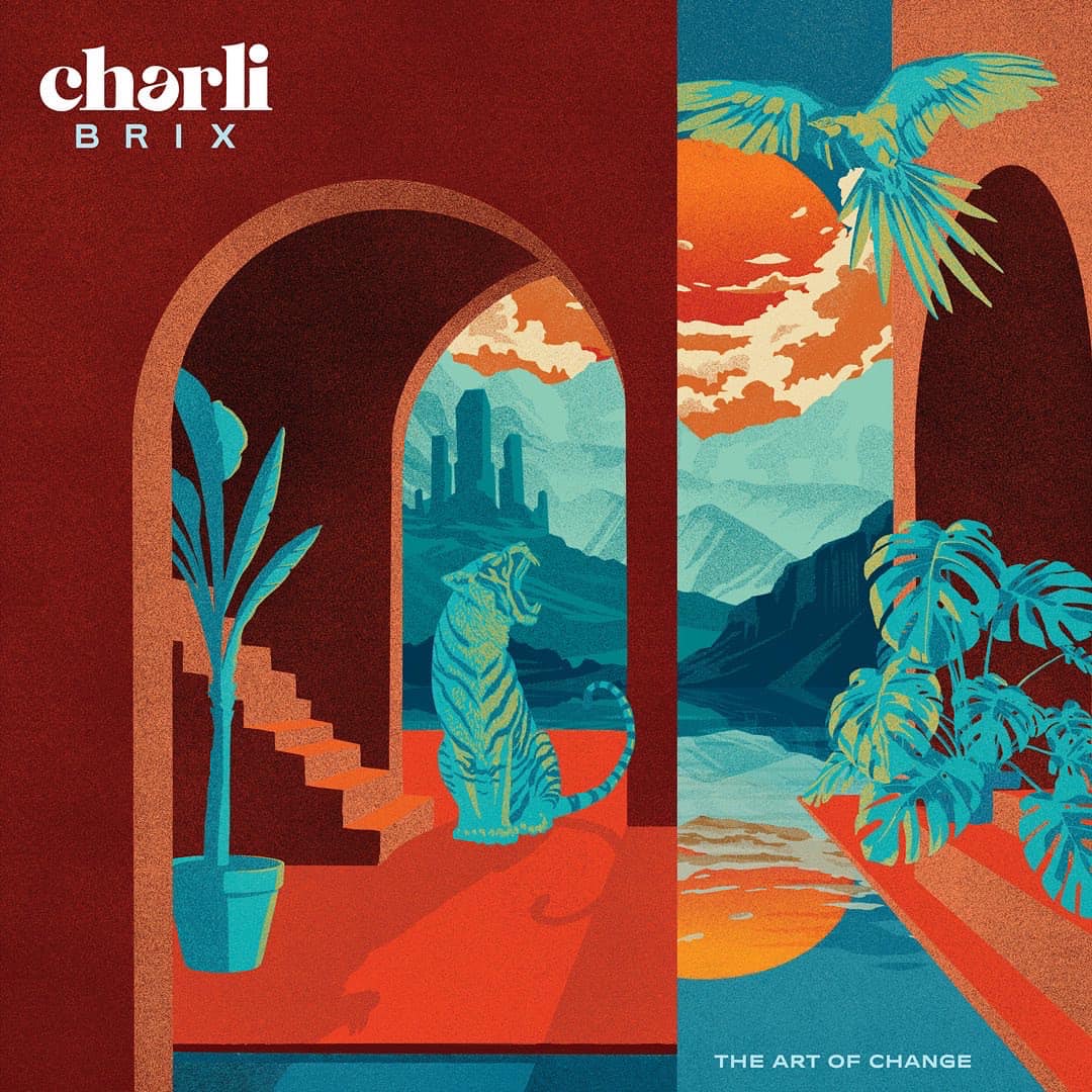 Charli Brix album cover illustration by Tom - co founder of LINKS Studio — an archway framing a tropical landscape