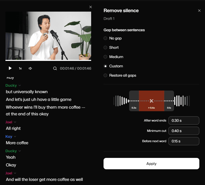 Selects AI removal tool showing podcast transcript with speakers labeled and customizable silence-cut settings including minimum cut, gap duration, and waveform preview