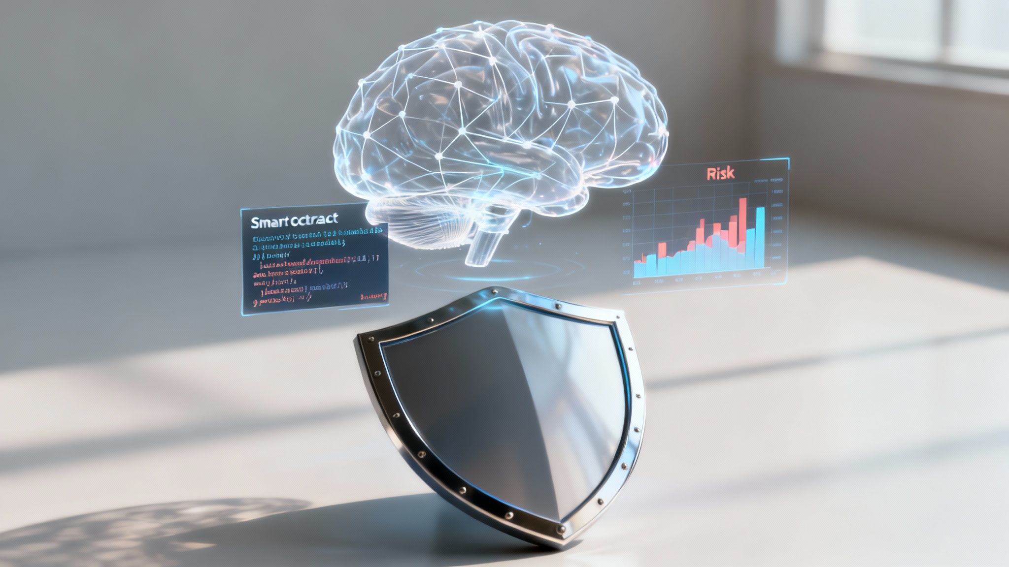 A holographic brain with glowing connections, smart contract code, a risk chart, and a metallic shield.