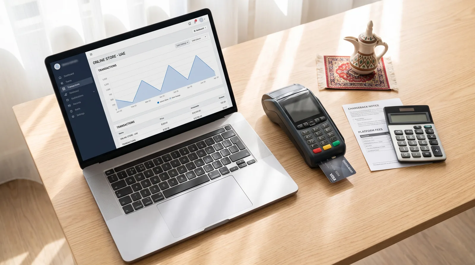 Handling Chargebacks as a UAE Online Seller beside an online store on a laptop and a card payment terminal